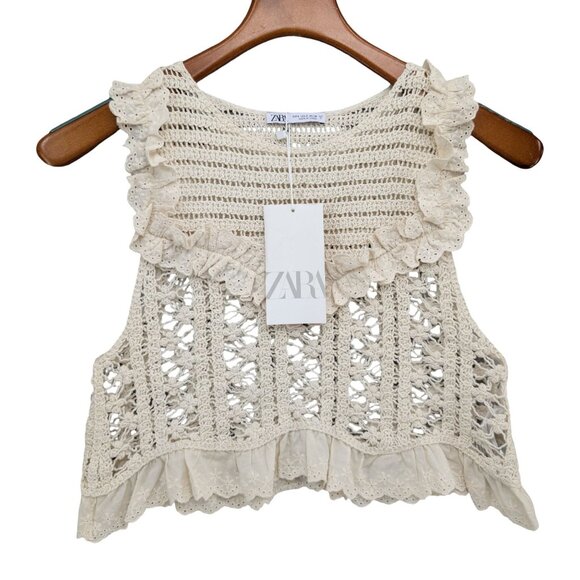Zara Tops - Zara Crochet Tank Top Womens Ecru Beige Cotton Ruffle Detail Sleeveless Size S